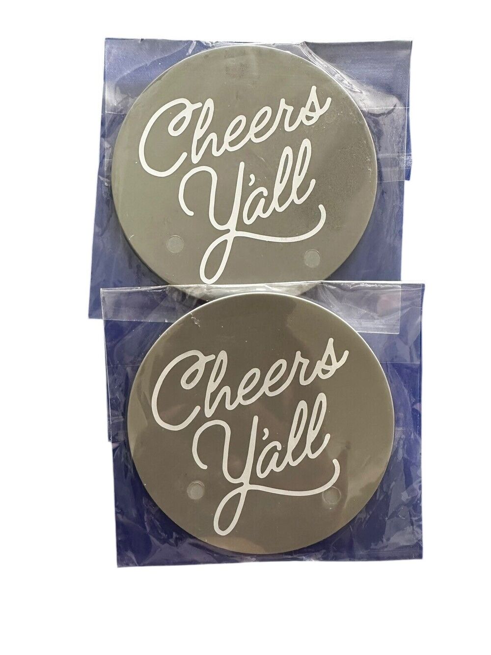 New in Package Cheers Y'all Paula Deen Gray Rubber Coasters 3.75" Round Qty. 2